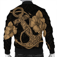 Hawaiian Anchor Poly Tribal Hibiscus Polynesian Bomber Jacket Gold - AH - Polynesian Pride