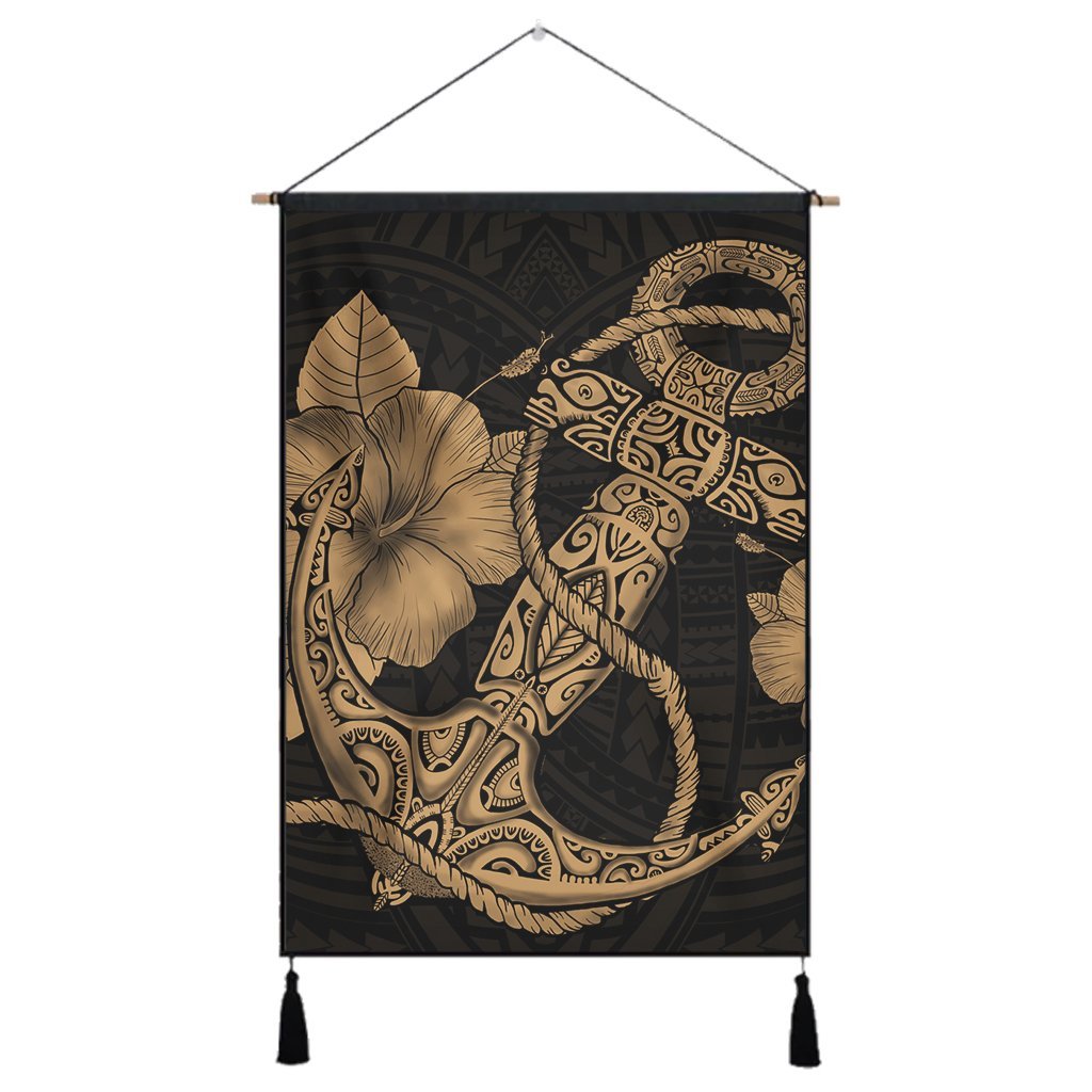 Hawaiian Anchor Poly Tribal Hibiscus Polynesian Hanging Poster Gold - AH Hanging Poster Cotton And Linen - Polynesian Pride