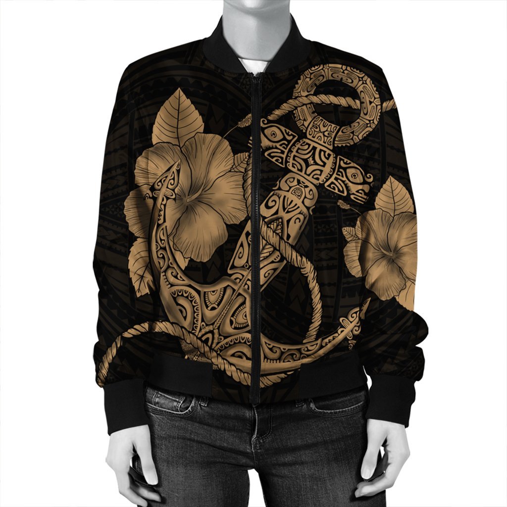 Hawaiian Anchor Poly Tribal Hibiscus Polynesian Bomber Jacket Gold - AH - Polynesian Pride