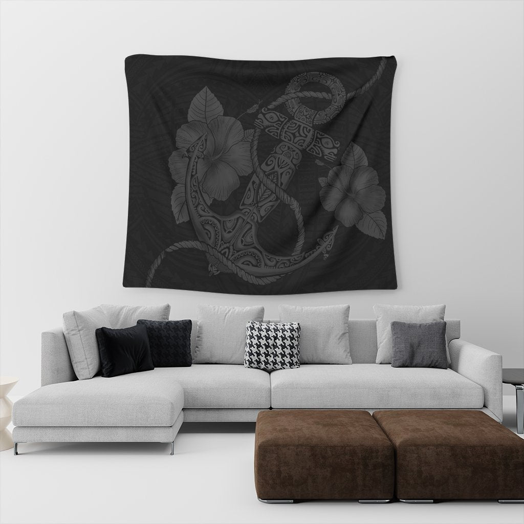 Hawaiian Anchor Poly Tribal Hibiscus Polynesian Tapestry Gray - AH - Polynesian Pride