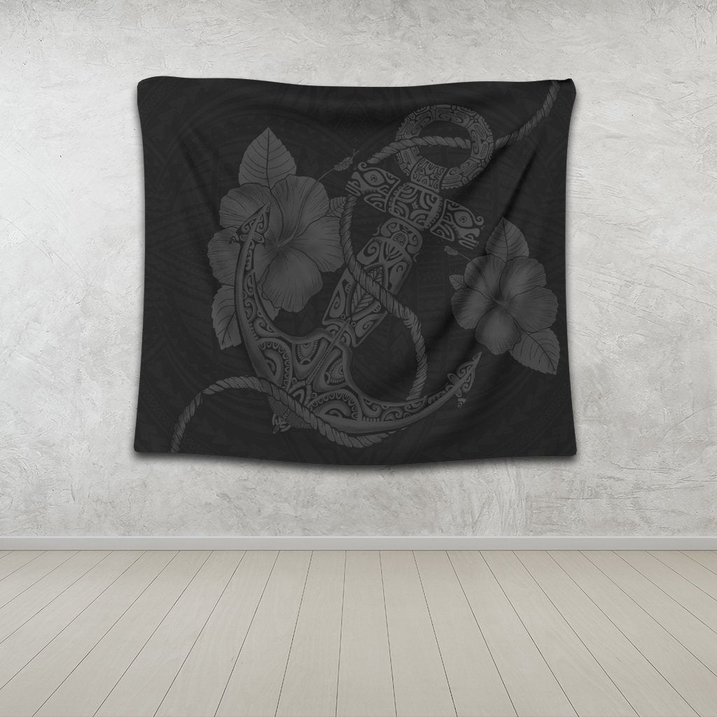 Hawaiian Anchor Poly Tribal Hibiscus Polynesian Tapestry Gray - AH - Polynesian Pride