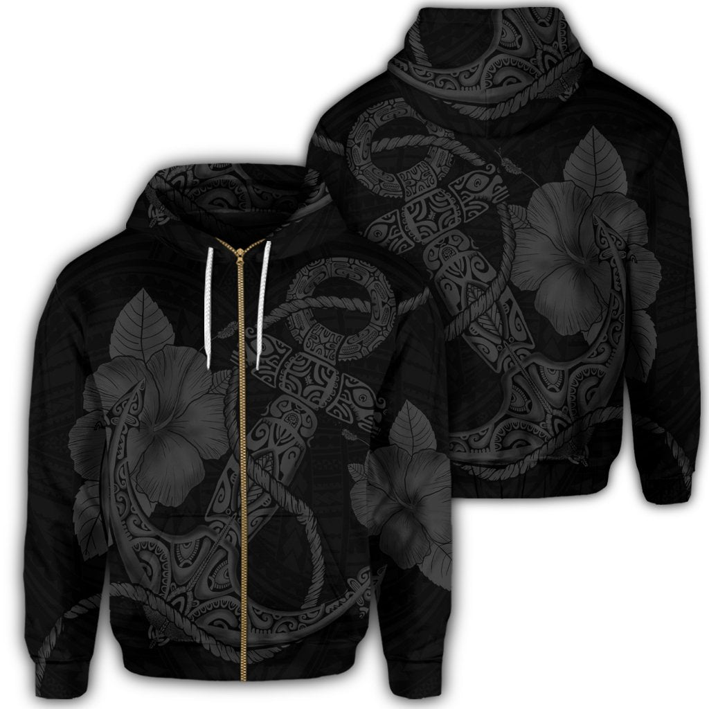 Hawaiian Anchor Poly Tribal Hibiscus Polynesian Zip Hoodie Gray Unisex Art - Polynesian Pride