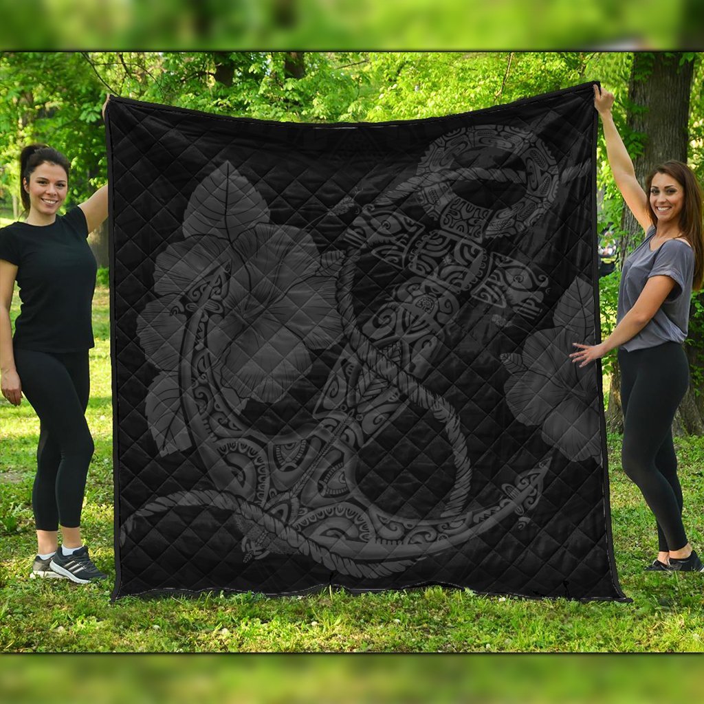 Hawaiian Anchor Poly Tribal Hibiscus Polynesian Premium Quilts Gray - AH Black - Polynesian Pride