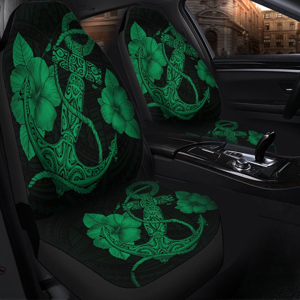 Hawaiian Anchor Poly Tribal Hibiscus Polynesian Car Seat Covers Green - AH - Polynesian Pride