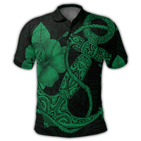 Hawaiian Anchor Poly Tribal Hibiscus Polynesian Polo Shirt Green - Polynesian Pride
