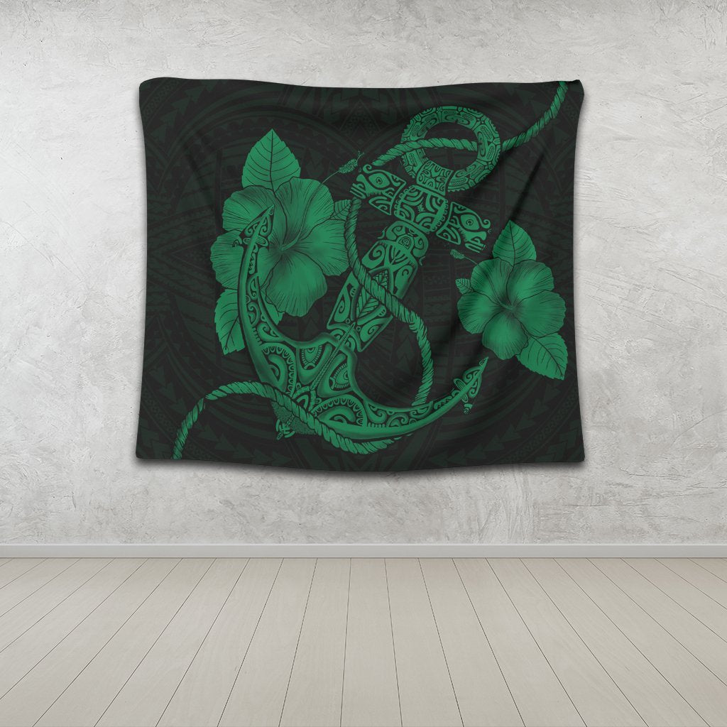 Hawaiian Anchor Poly Tribal Hibiscus Polynesian Tapestry Green - AH - Polynesian Pride