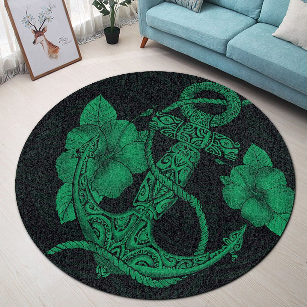 Hawaiian Anchor Poly Tribal Hibiscus Polynesian Round Carpet Green - AH - Polynesian Pride