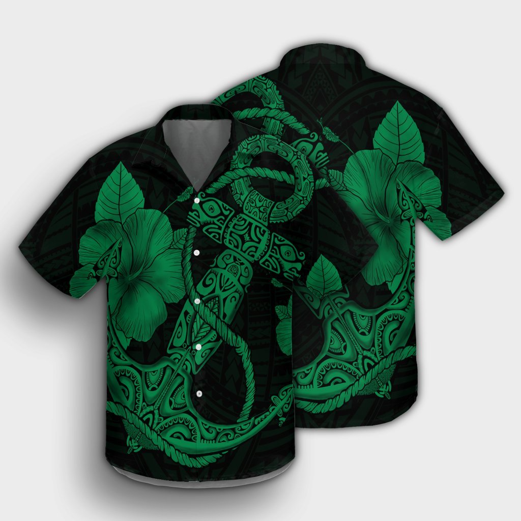 Hawaiian Anchor Poly Tribal Hibiscus Polynesian Hawaiian Shirt Green - AH - Polynesian Pride