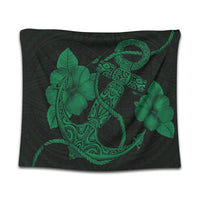 Hawaiian Anchor Poly Tribal Hibiscus Polynesian Tapestry Green - AH Wall Tapestry Black - Polynesian Pride