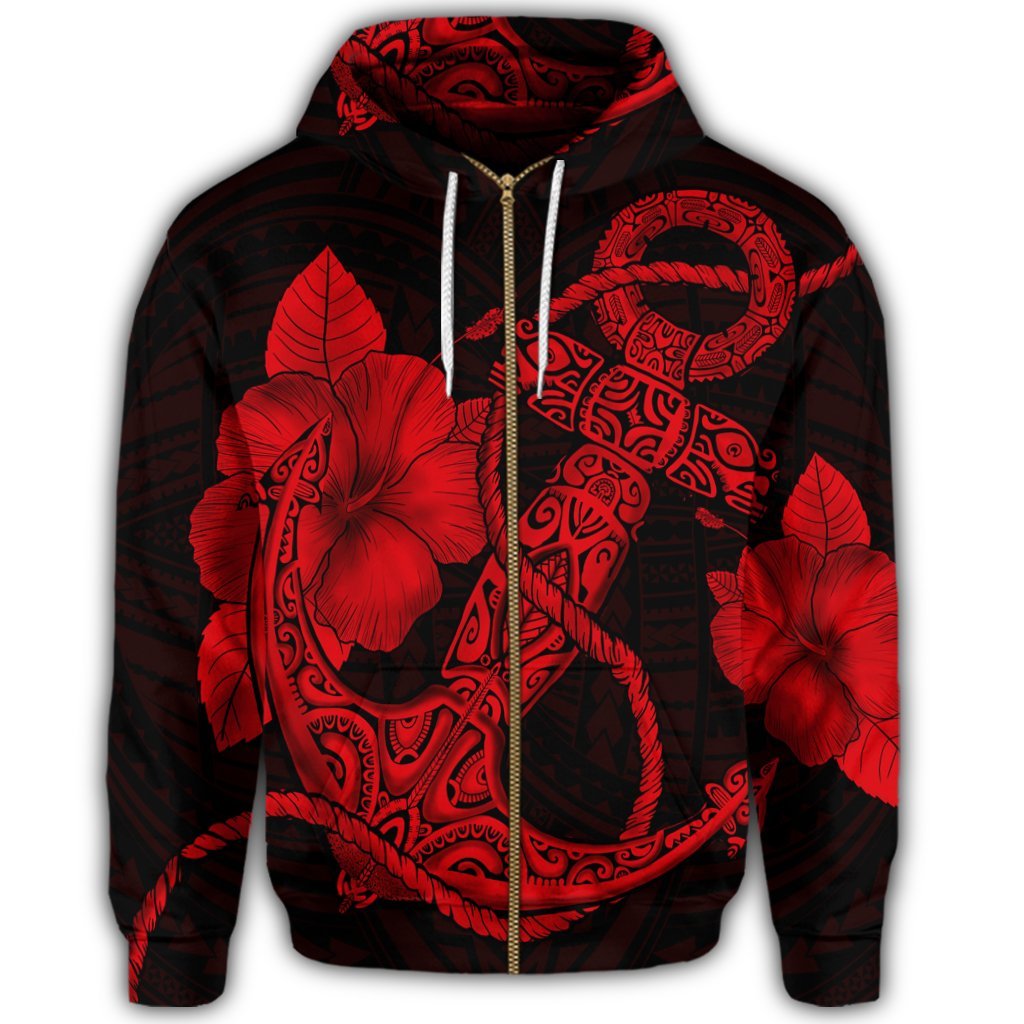 Hawaiian Anchor Poly Tribal Hibiscus Polynesian Zip Hoodie Red - Polynesian Pride