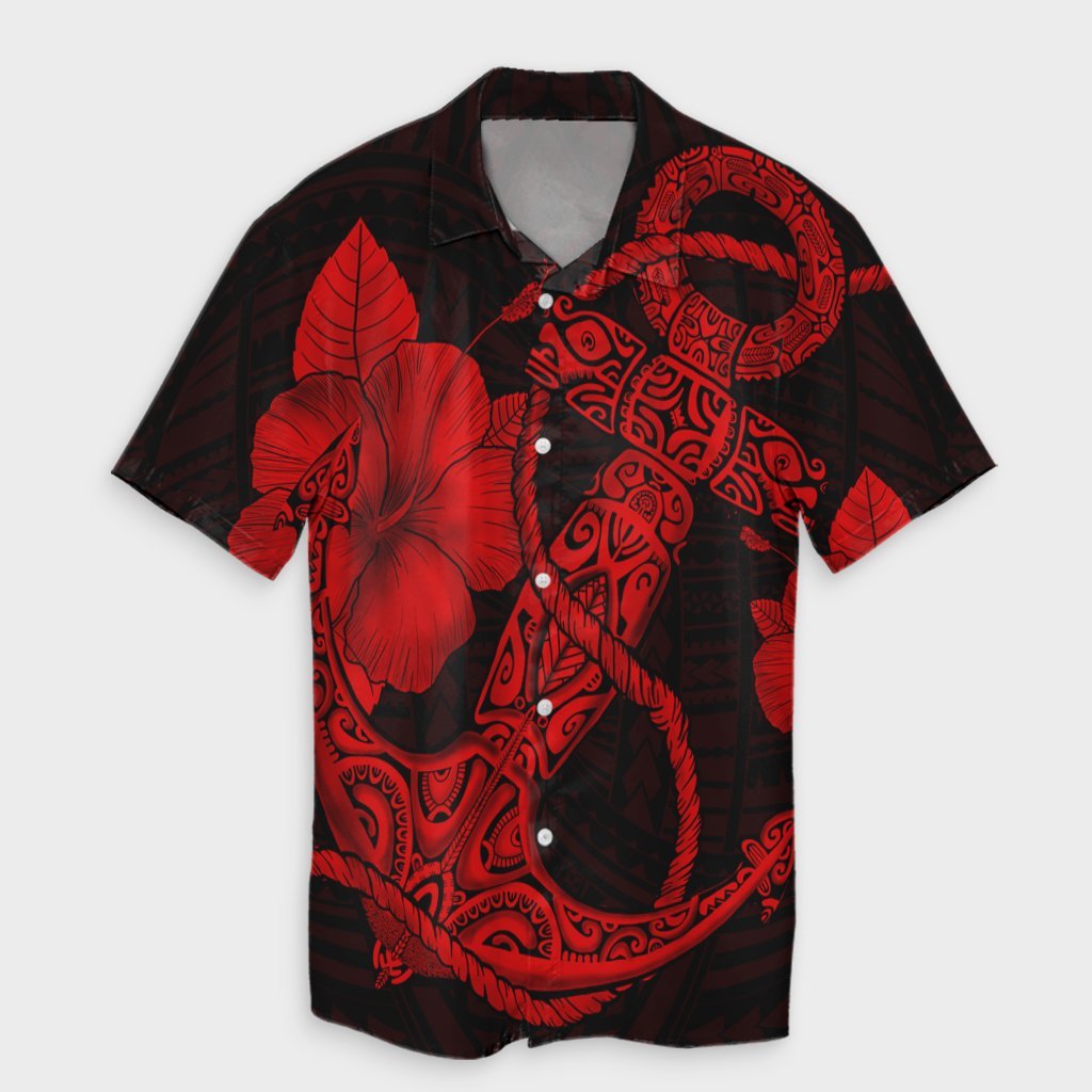 Hawaiian Anchor Poly Tribal Hibiscus Polynesian Hawaiian Shirt Red - AH Unisex Black - Polynesian Pride