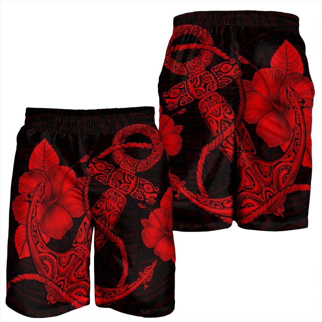 Hawaiian Anchor Poly Tribal Hibiscus Polynesian Men's Shorts Red - AH - Polynesian Pride