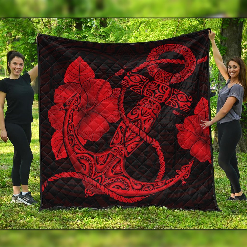 Hawaiian Anchor Poly Tribal Hibiscus Polynesian Premium Quilts Red - AH Black - Polynesian Pride