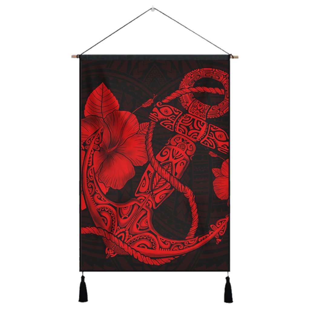 Hawaiian Anchor Poly Tribal Hibiscus Polynesian Hanging Poster Red - AH Hanging Poster Cotton And Linen - Polynesian Pride
