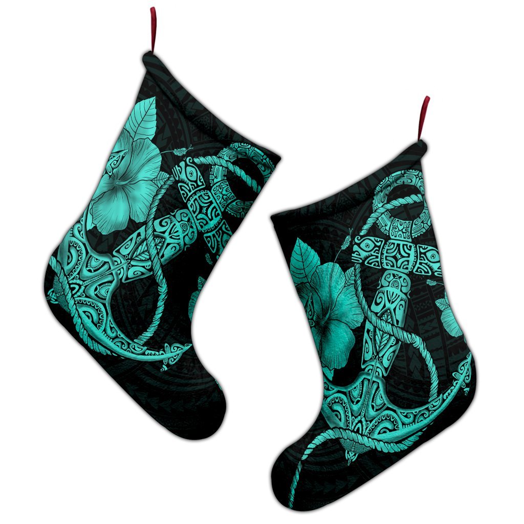 Hawaiian Anchor Poly Tribal Hibiscus Polynesian Christmas Stocking Turquoise - AH - Polynesian Pride