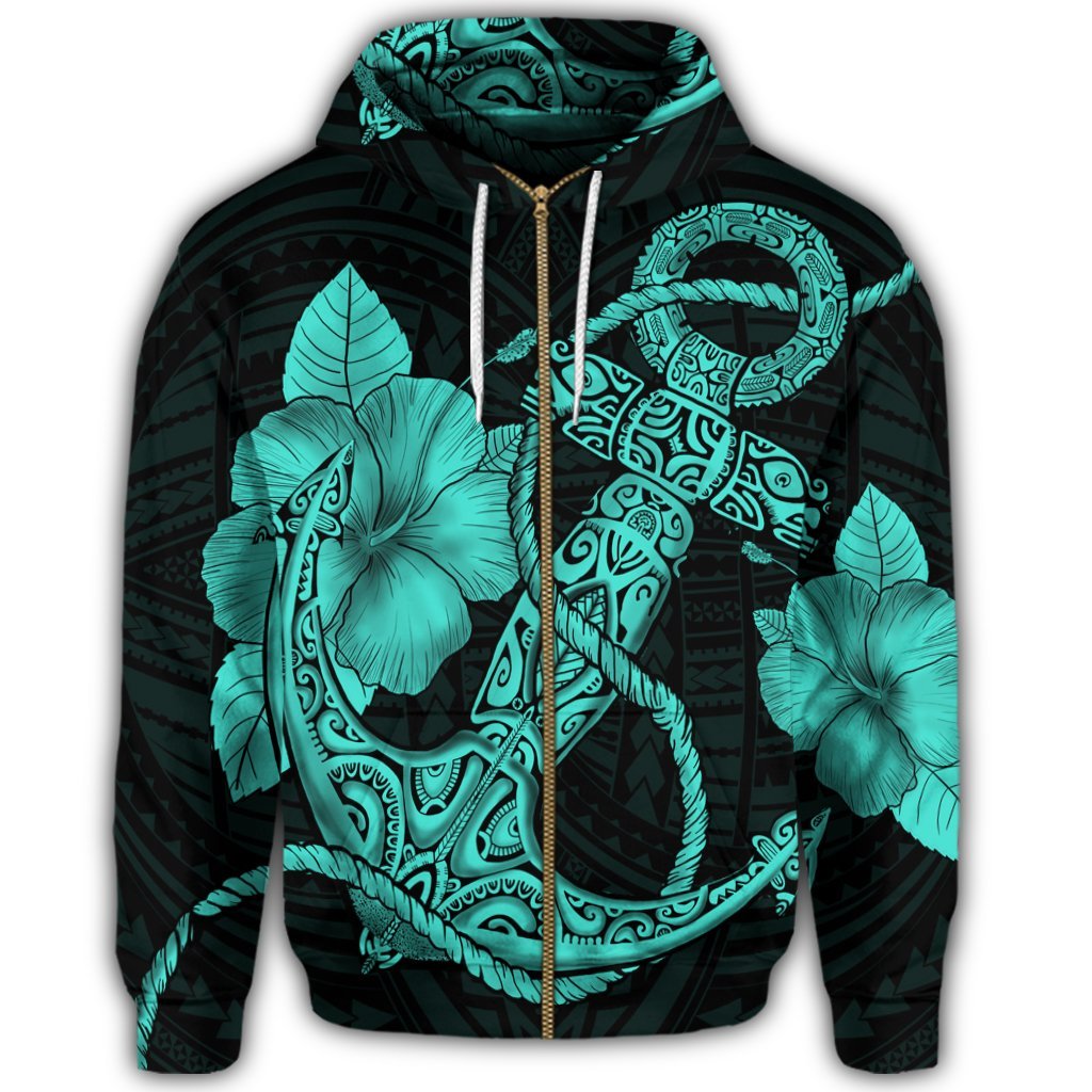 Hawaiian Anchor Poly Tribal Hibiscus Polynesian Zip Hoodie Turquoise - Polynesian Pride