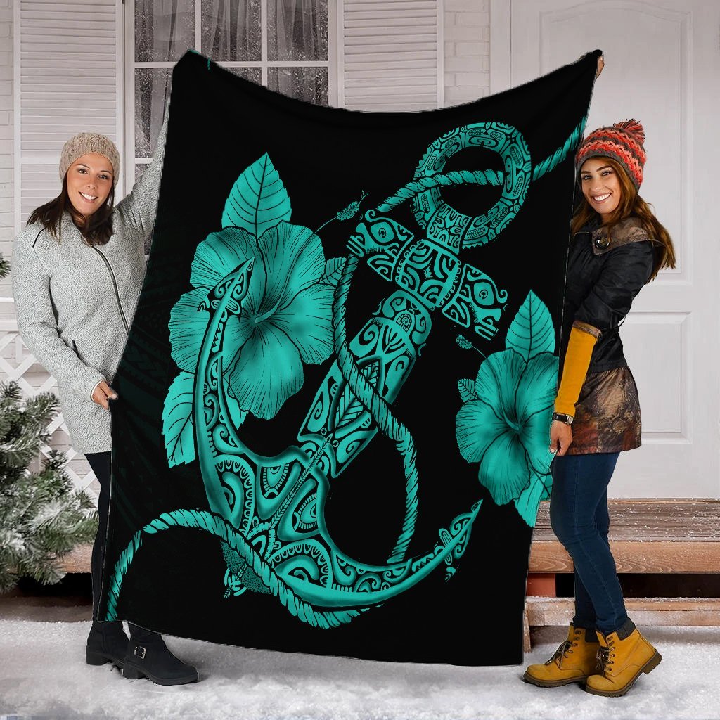 Hawaiian Anchor Poly Tribal Hibiscus Polynesian Premium Blankets Turquoise - AH - Polynesian Pride