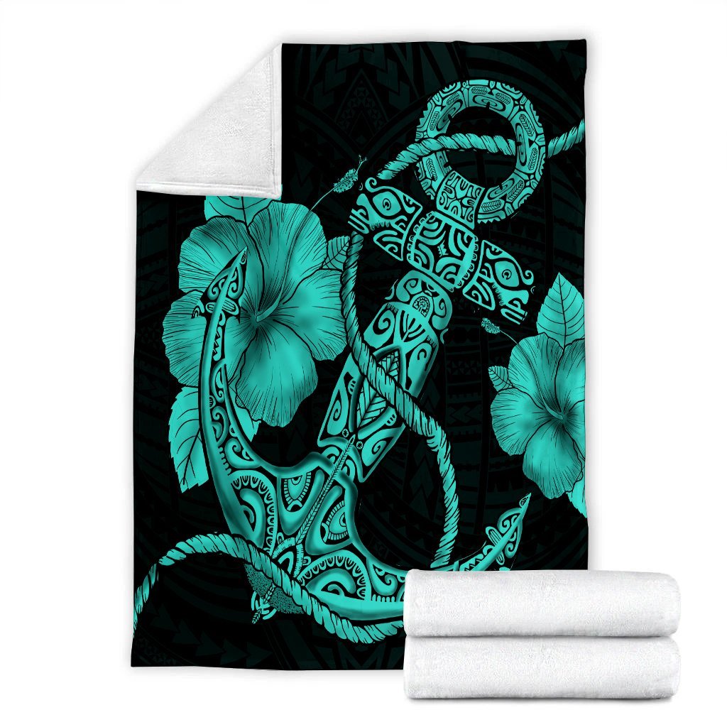 Hawaiian Anchor Poly Tribal Hibiscus Polynesian Premium Blankets Turquoise - AH - Polynesian Pride