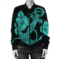 Hawaiian Anchor Poly Tribal Hibiscus Polynesian Bomber Jacket Turquoise - AH - Polynesian Pride