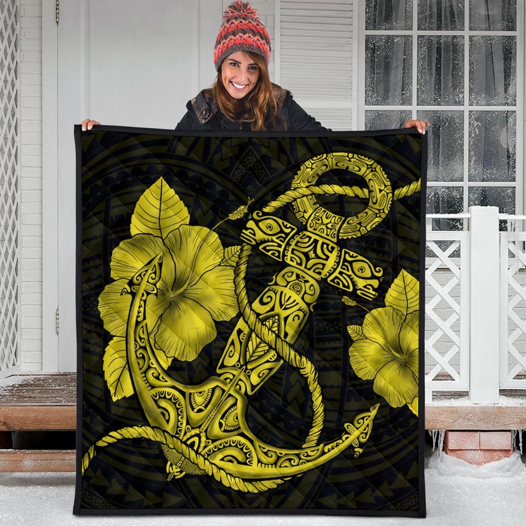 Hawaiian Anchor Poly Tribal Hibiscus Polynesian Premium Quilts Yellow - AH - Polynesian Pride