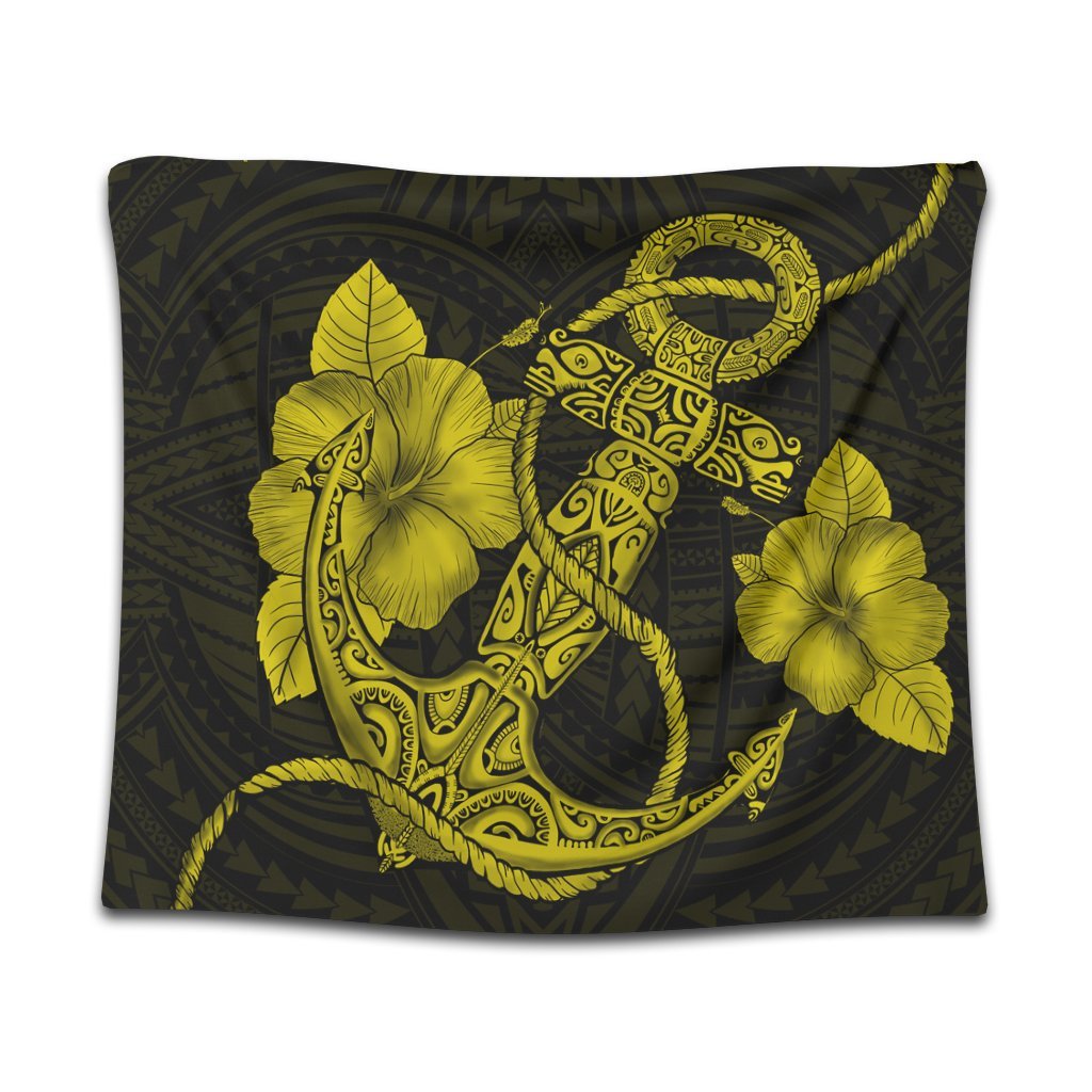 Hawaiian Anchor Poly Tribal Hibiscus Polynesian Tapestry Yellow - AH Wall Tapestry Black - Polynesian Pride