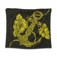 Hawaiian Anchor Poly Tribal Hibiscus Polynesian Tapestry Yellow - AH Wall Tapestry Black - Polynesian Pride