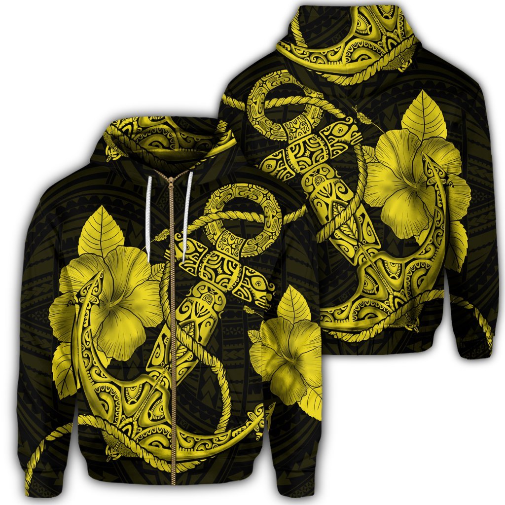 Hawaiian Anchor Poly Tribal Hibiscus Polynesian Zip Hoodie Yellow Unisex Art - Polynesian Pride