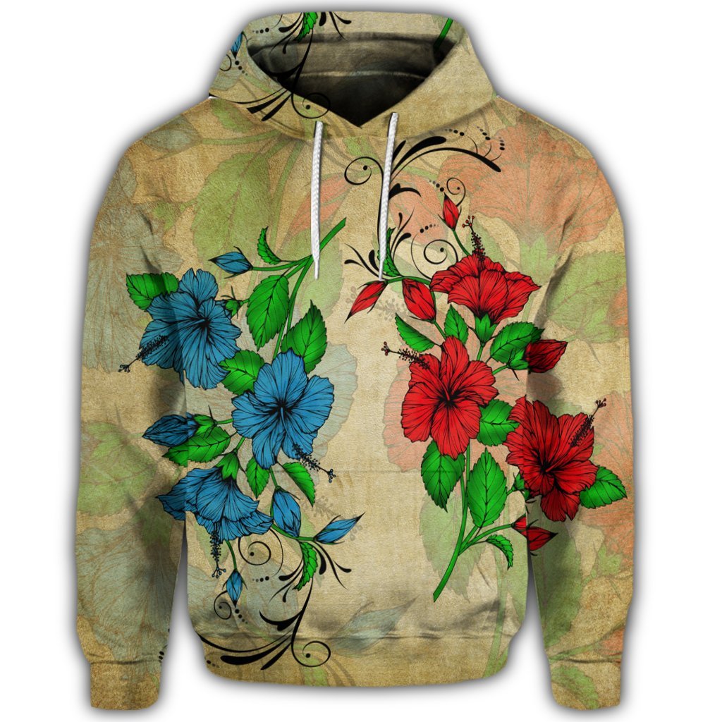 Hawaiian Blue and Red Hibiscus Polynesian Hoodie - Polynesian Pride
