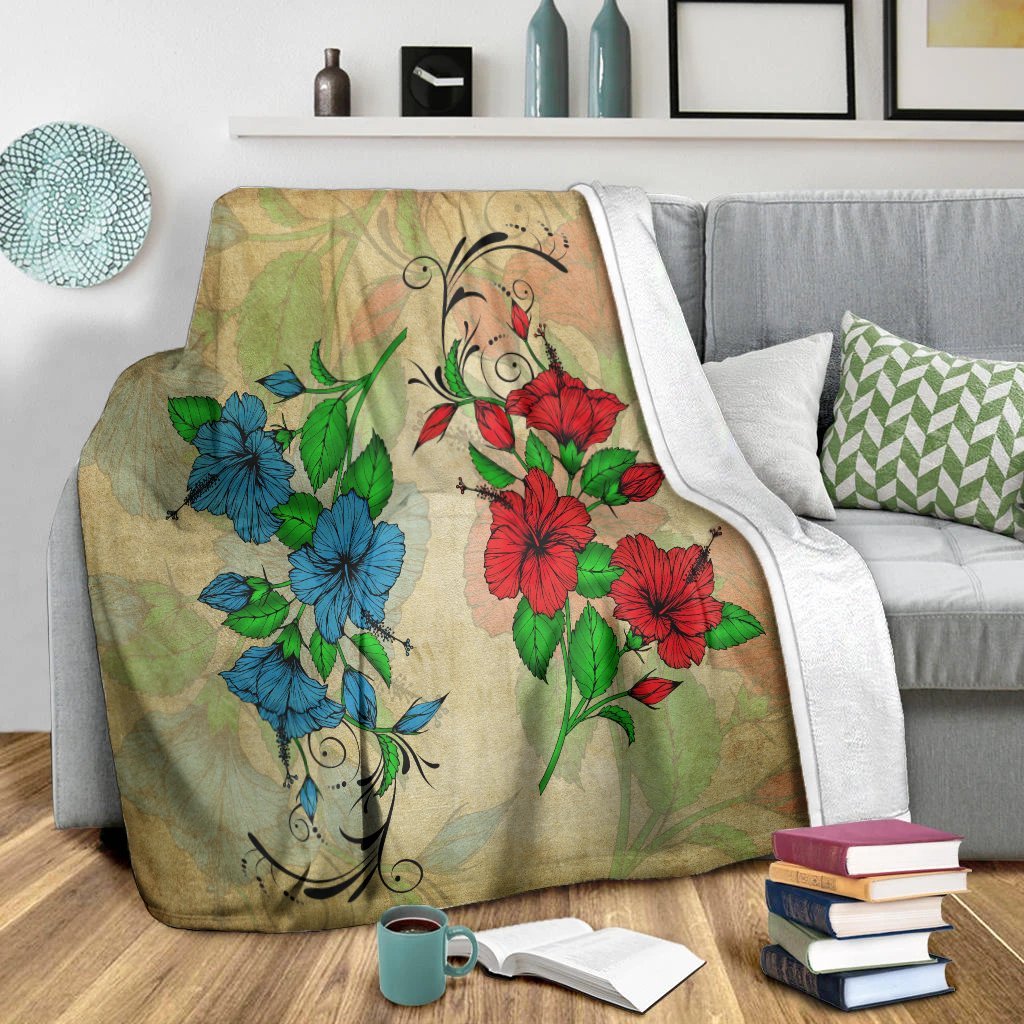 Hawaiian Blue And Red Hibiscus Polynesian Premium Blankets - AH - Polynesian Pride