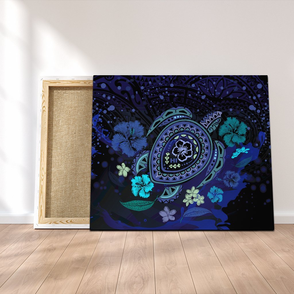 Hawaiian Blue Ocean Honu And Flowers Canvas AH Canvas Poly-cotton - Polynesian Pride