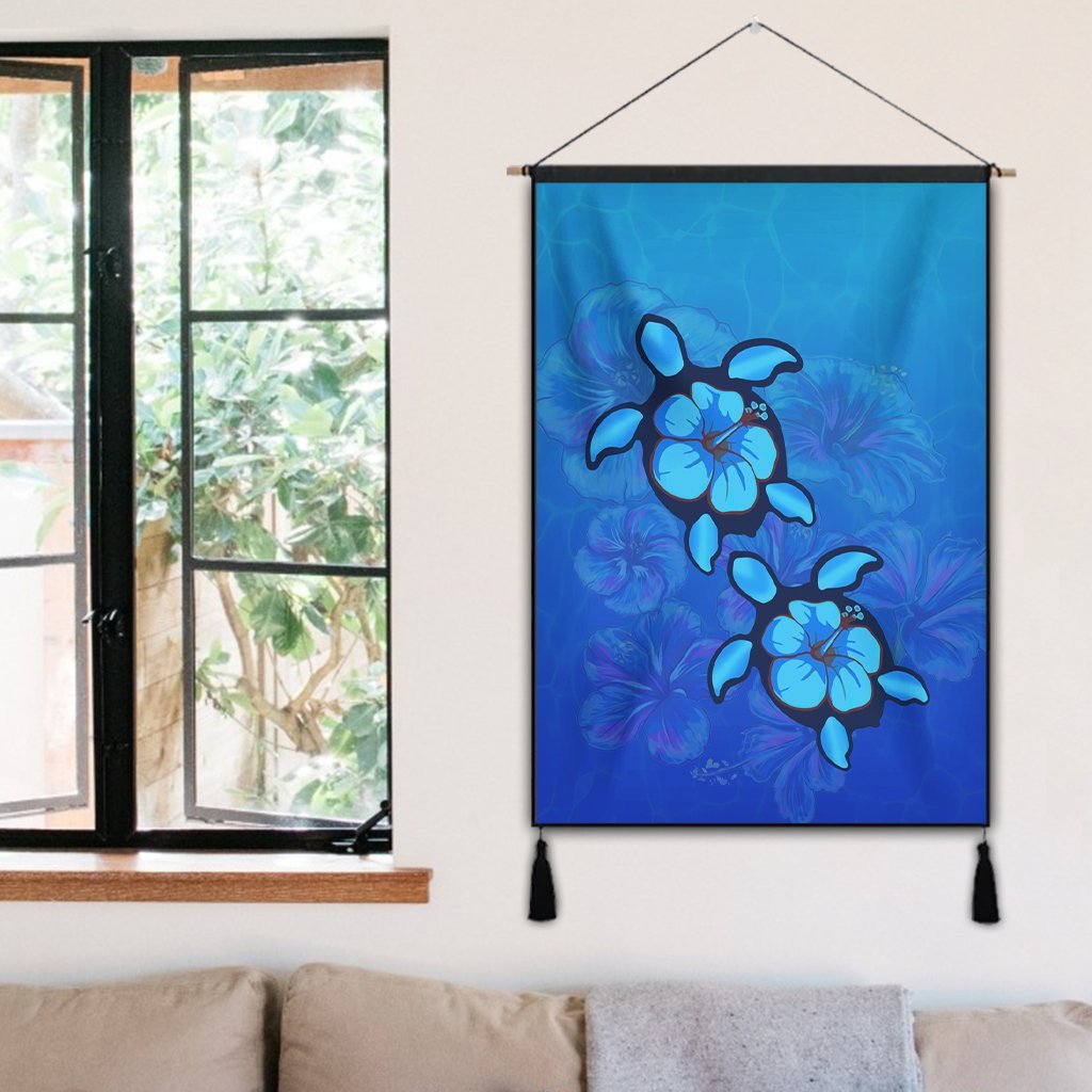 Hawaiian Blue Turtle and Hibiscus Polynesian Hanging Poster - AH - Polynesian Pride