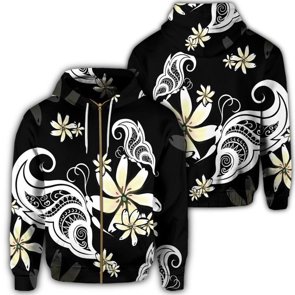 Hawaiian Butterfly Plumeria Polynesian Zip Hoodie Unisex Art - Polynesian Pride