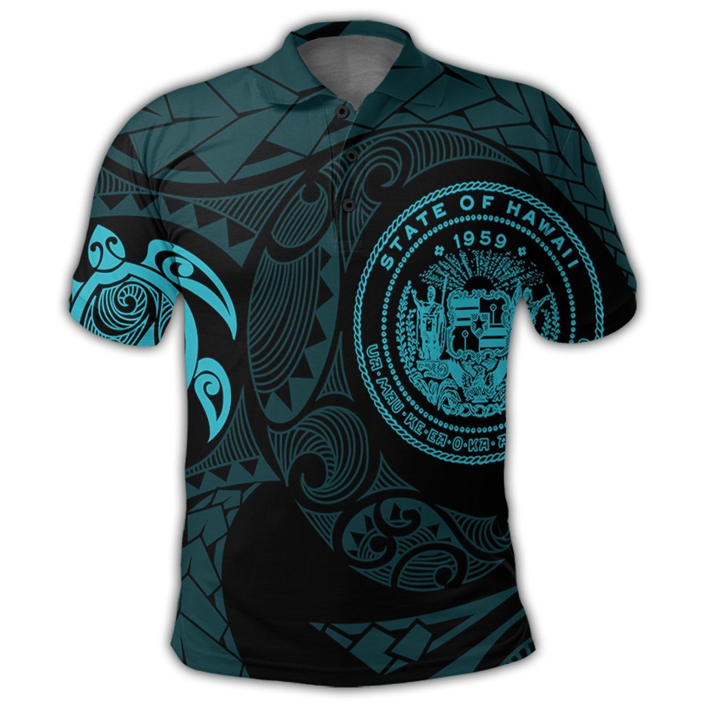 Hawaiian Coat Of Arms Turtle Polynesian Polo Shirt Blue - Polynesian Pride