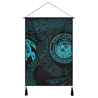 Hawaiian Coat Of Arms Turtle Polynesian Hanging Poster Blue AH Hanging Poster Cotton And Linen - Polynesian Pride