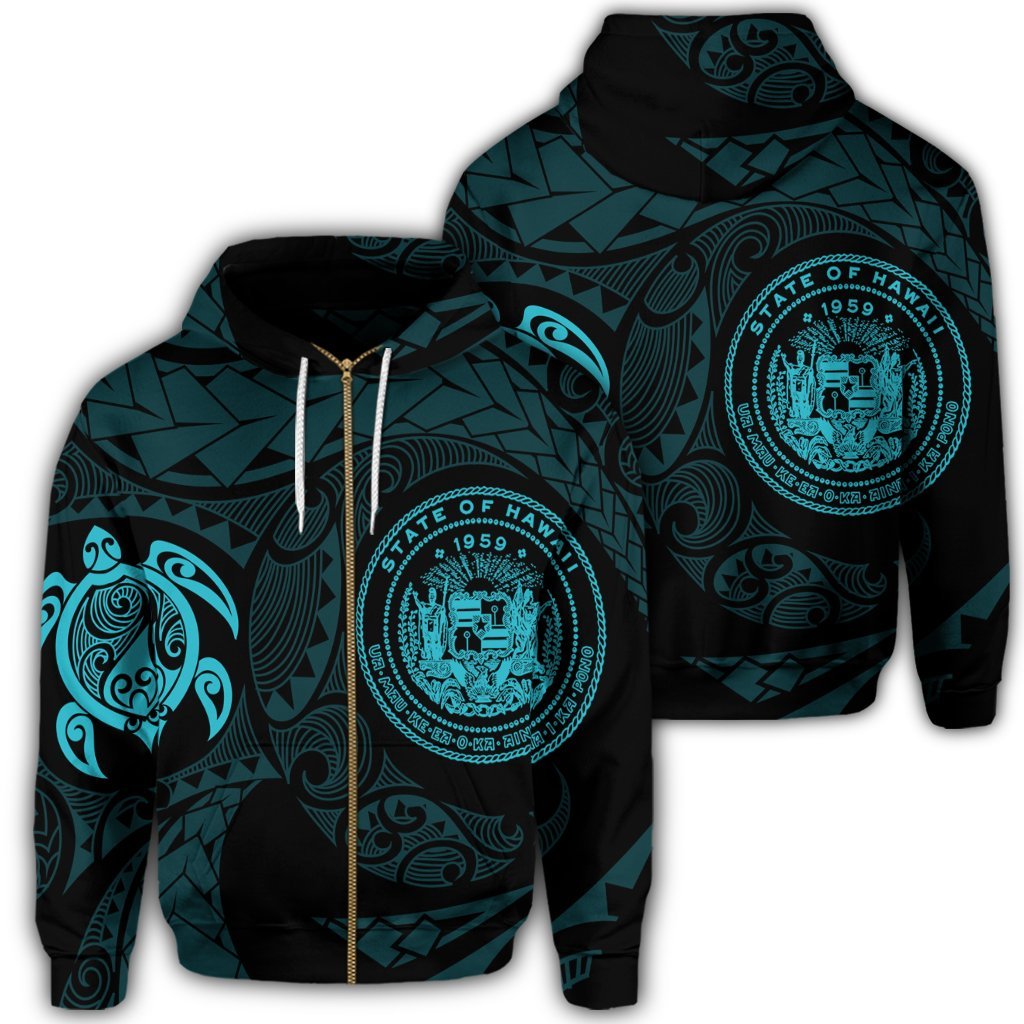 Hawaiian Coat of Arms Turtle Polynesian Zip Hoodie Blue Unisex Art - Polynesian Pride
