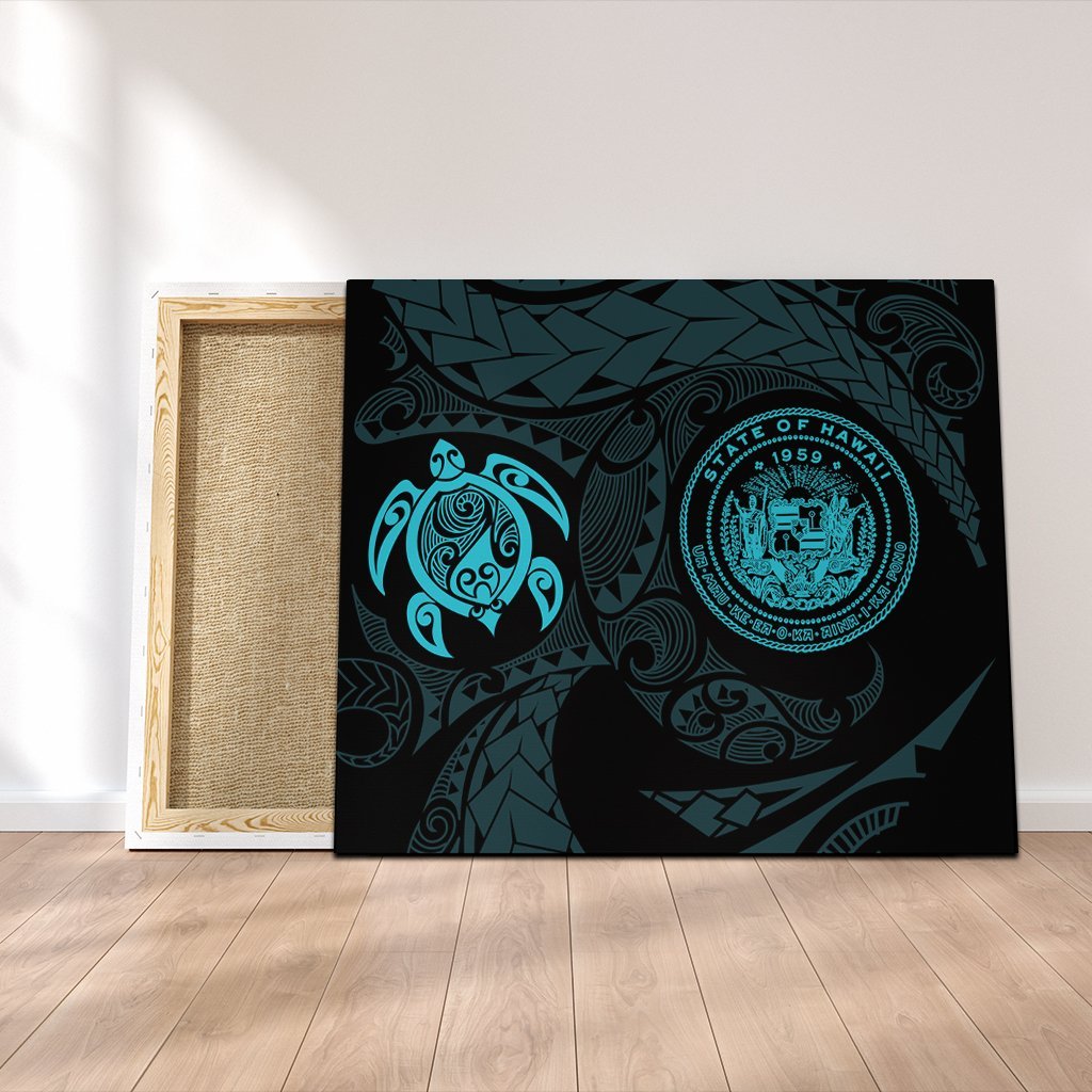 Hawaiian Coat Of Arms Turtle Polynesian Canvas Blue AH Canvas Poly-cotton - Polynesian Pride