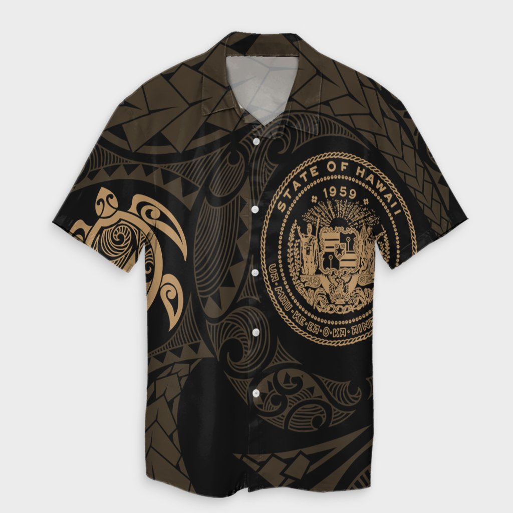 Hawaiian Coat Of Arms Turtle Polynesian Hawaiian Shirt Gold AH Unisex Black - Polynesian Pride