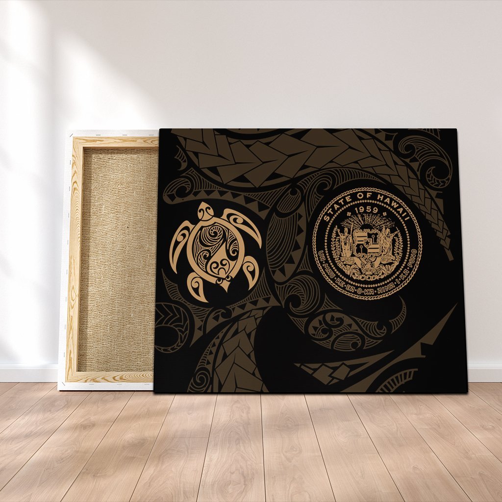 Hawaiian Coat Of Arms Turtle Polynesian Canvas Gold AH Canvas Poly-cotton - Polynesian Pride