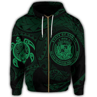 Hawaiian Coat of Arms Turtle Polynesian Zip Hoodie Green - Polynesian Pride