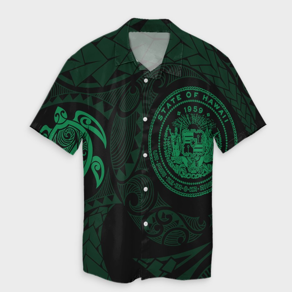 Hawaiian Coat Of Arms Turtle Polynesian Hawaiian Shirt Green AH Unisex Black - Polynesian Pride