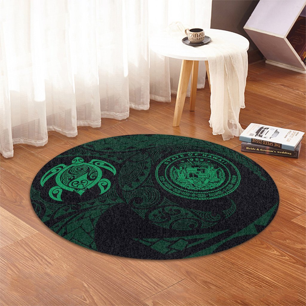 Hawaiian Coat Of Arms Turtle Polynesian Round Carpet Green AH - Polynesian Pride