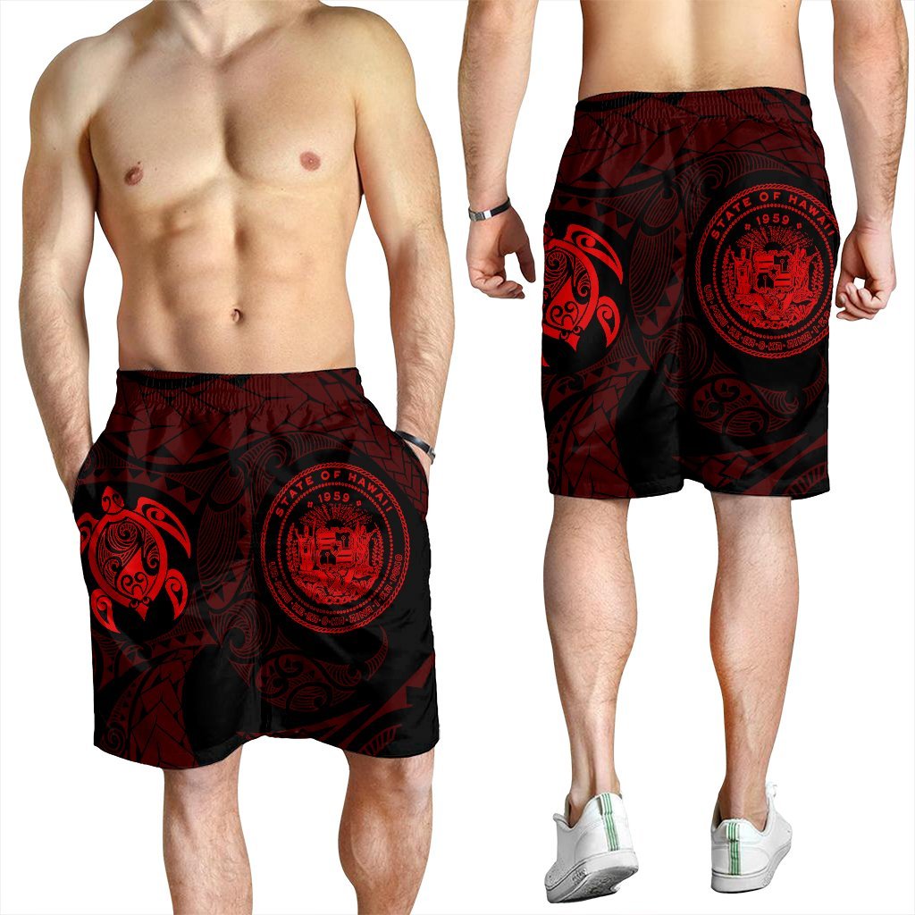 Hawaiian Coat Of Arms Turtle Polynesian Men's Shorts Red AH - Polynesian Pride