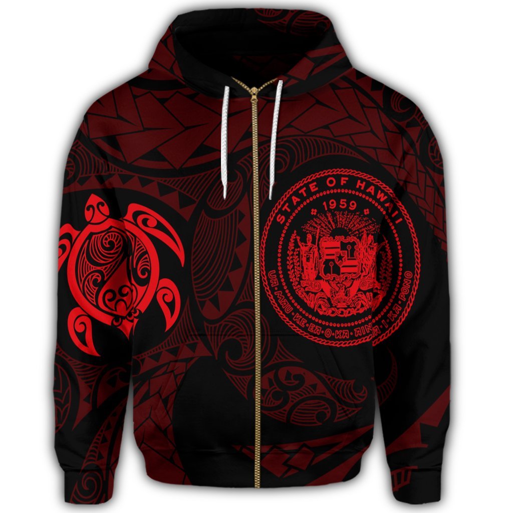 Hawaiian Coat of Arms Turtle Polynesian Zip Hoodie Red - Polynesian Pride