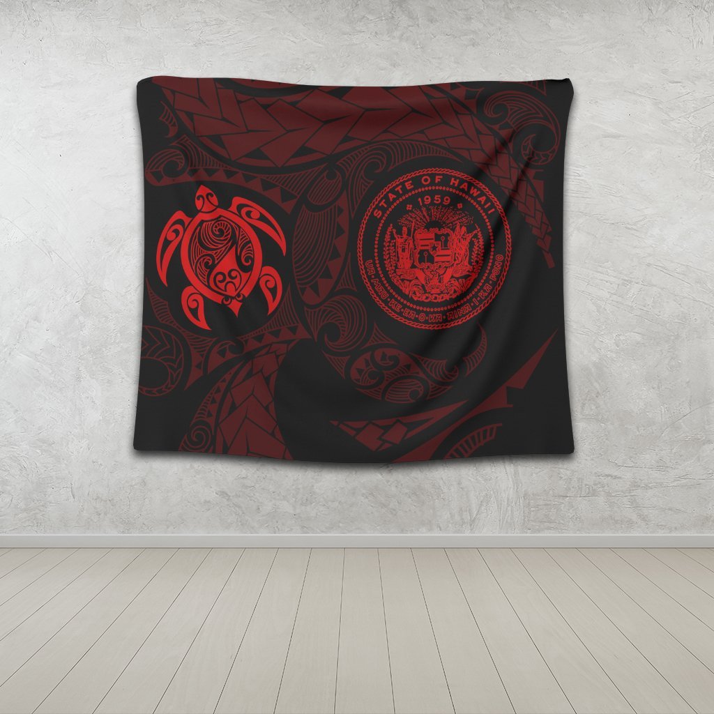 Hawaiian Coat Of Arms Turtle Polynesian Tapestry Red AH - Polynesian Pride