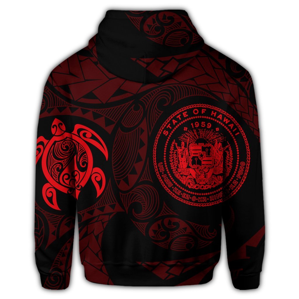 Hawaiian Coat of Arms Turtle Polynesian Zip Hoodie Red - Polynesian Pride