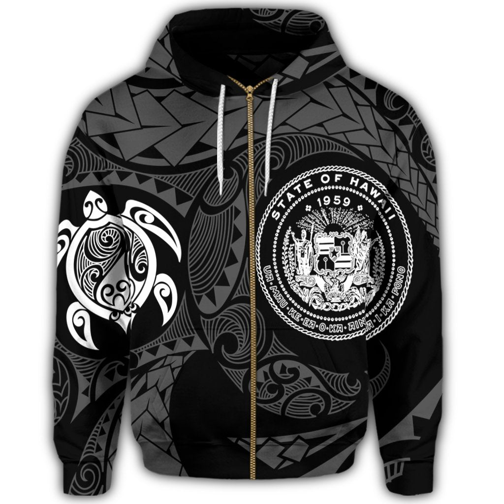 Hawaiian Coat of Arms Turtle Polynesian Zip Hoodie White - Polynesian Pride