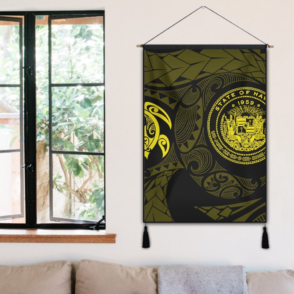 Hawaiian Coat Of Arms Turtle Polynesian Hanging Poster Yellow AH - Polynesian Pride