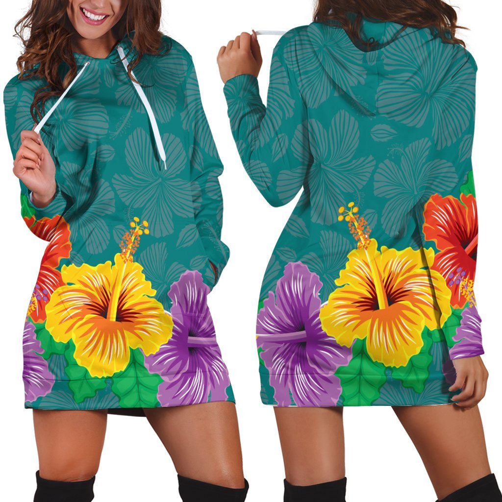 Hawaiian Colorful Hibiscus Polynesian Hoodie Dress - AH Black - Polynesian Pride
