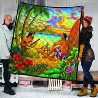 Hawaiian Couple Sing A Song On Beach Sunset Premium Quilts - AH - Polynesian Pride