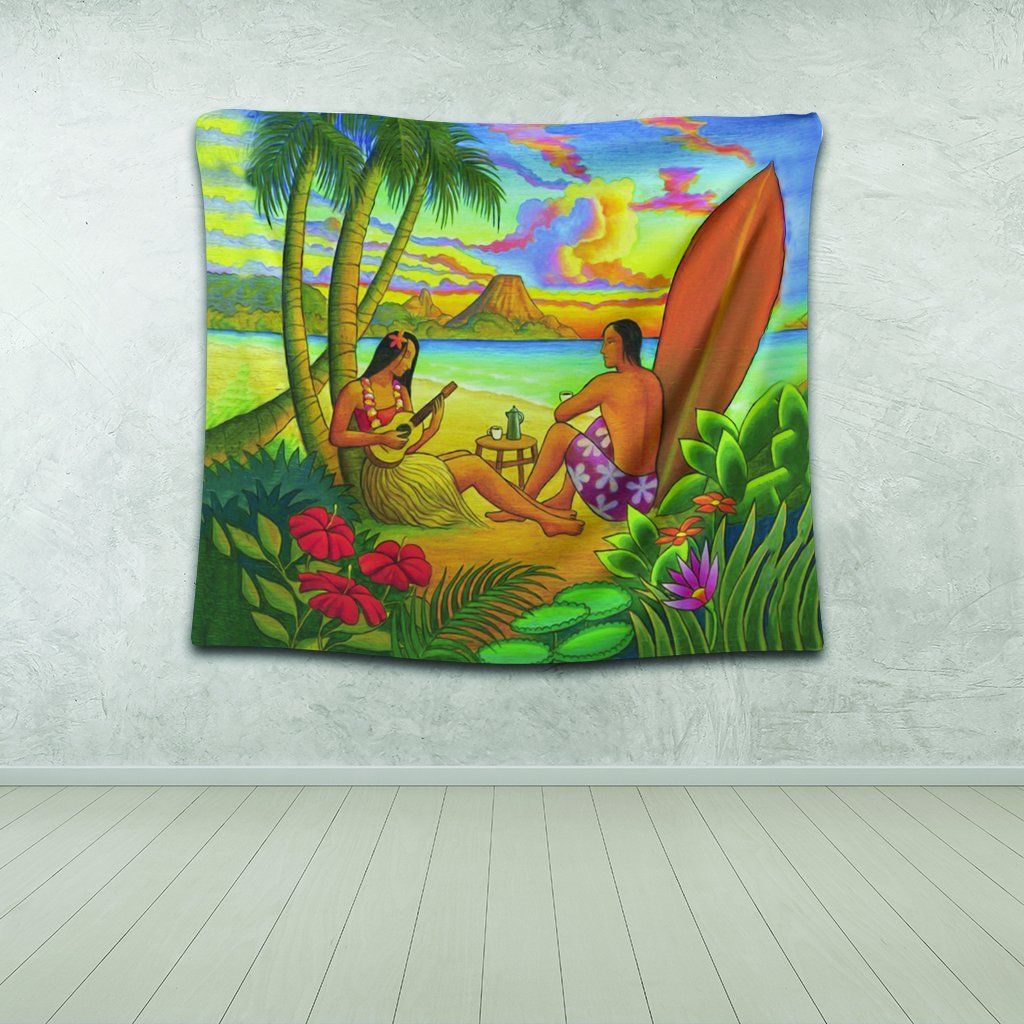 Hawaiian Couple Sing A Song On Beach Sunset Tapestry - AH - Polynesian Pride